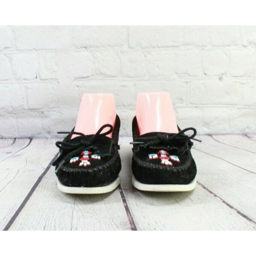 Minnetonka Black Suede Beaded Moccasins Slip On Flat Shoes Size 8 - Picture 4 of 9